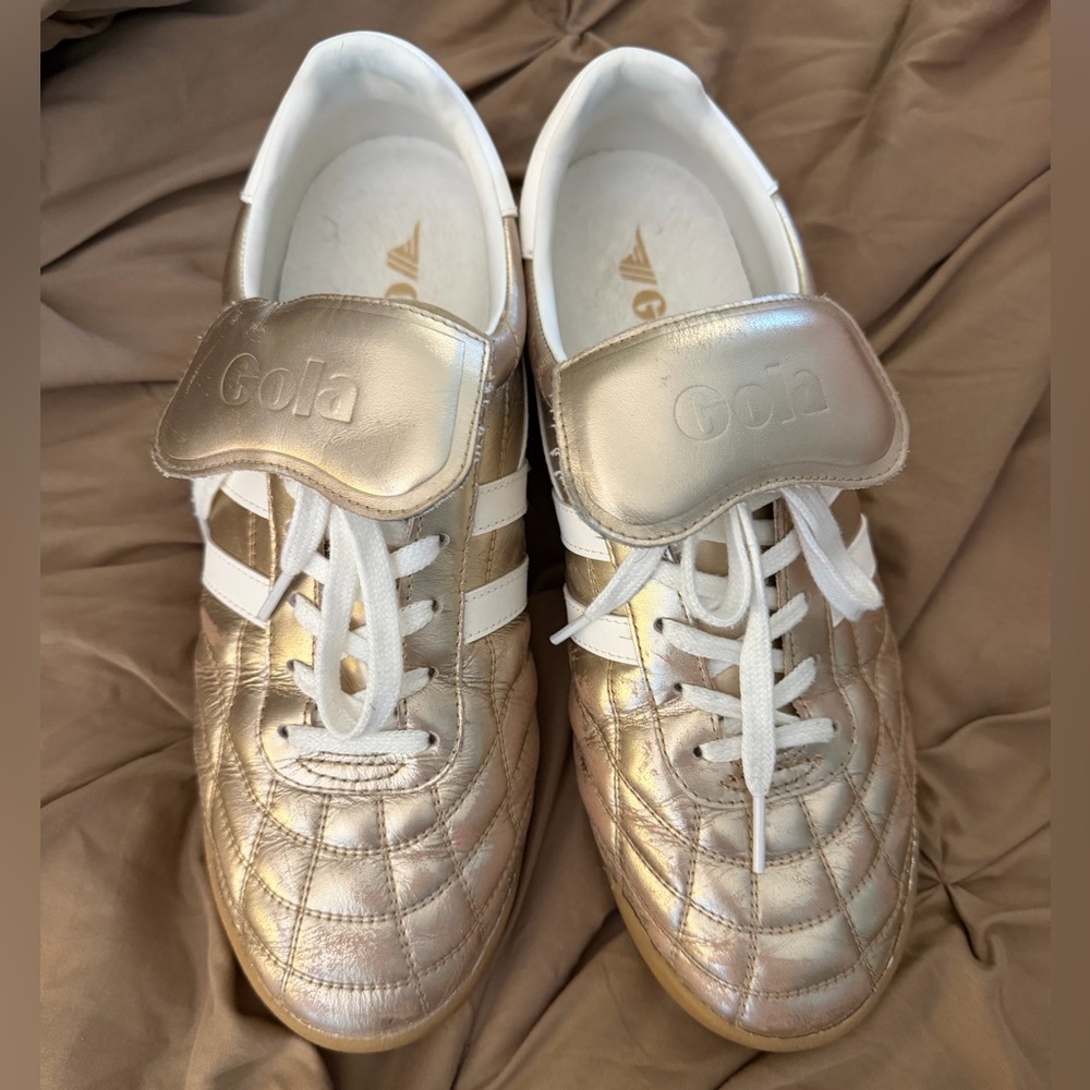 Gola Metallic Gold Quilted Sneakers with White Stripes and Laces